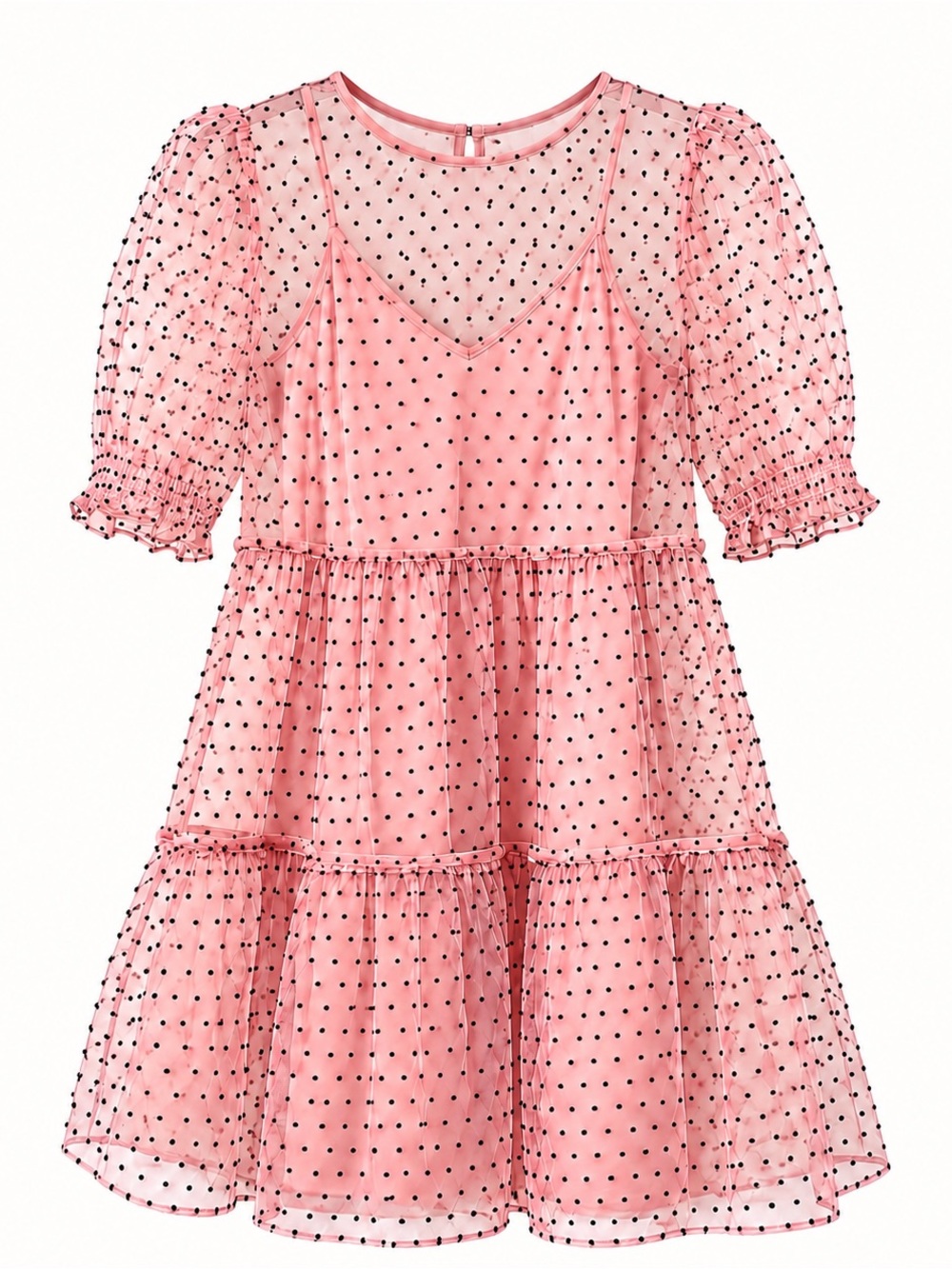 H&M Divided Pink Black Polka Dot Sheer Puff Sleeve Tiered Dress S - Picture 3 of 6